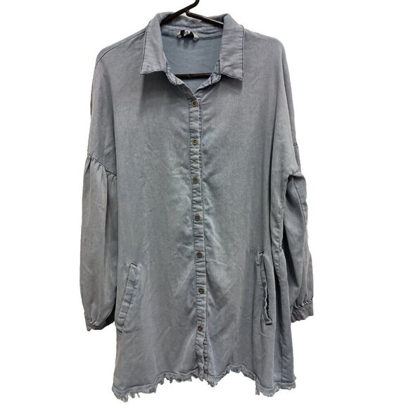 Fate Womens BOHO Shirt Small Blue Chambray Oversized Lantern Sleeve Button Up - Picture 1 of 11